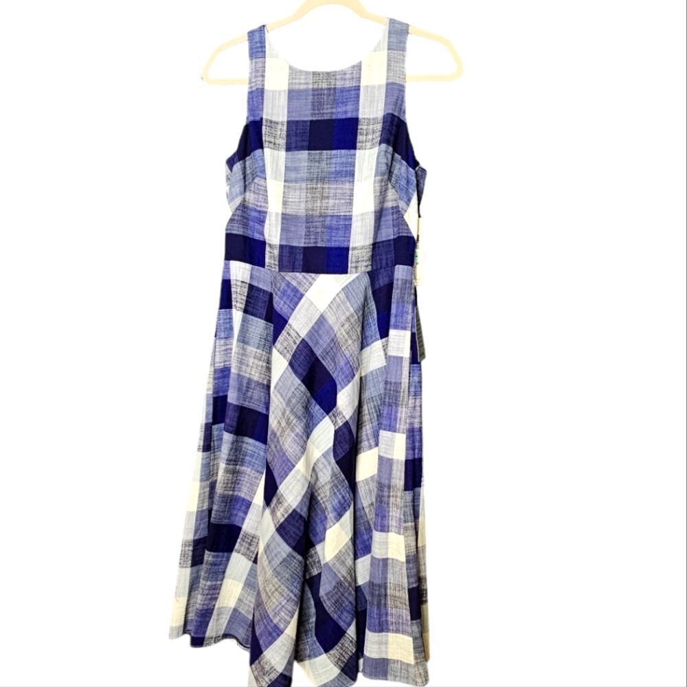 NWT Eliza J Plaid Fit & Flare Midi Dress NWT Size 8 Navy Blue White Tie Bow Back